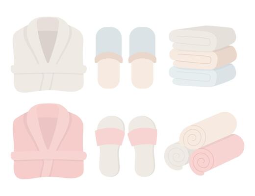 Set of bathrobe, slippers and towels. Bathroom, sauna, spa elements.