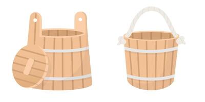 Set of wooden buckets flat style illustration. Sauna, bathhouse, spa object, design element isolated on white. vector