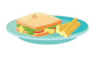 Sandwich and fries on a plate vector