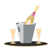 A bottle of champagne in an ice bucket with two glasses vector