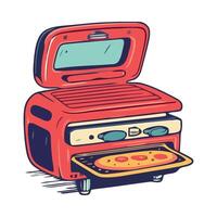 A red toaster oven with a pizza inside vector