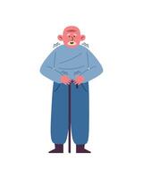 An old man with a cane standing in a blue shirt vector