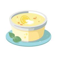 A bowl of soup with lemon slices on top vector