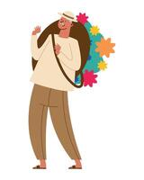 A man carrying a backpack with flowers vector
