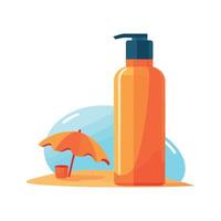 Sunscreen bottle and umbrella on the beach vector