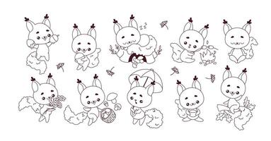 Line cartoon illustrations with squirrels in range of scenarios. Kawaii wild rodents n various activities presented on white background vector