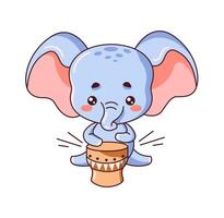Kawaii little elephant playing drum flat color illustration. Adorable wild animal cub adding lively beat to melody on white background vector