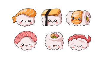 Funny sushi rolls and sashimi flat color illustration set. Kawaii Japanese snacks with faces characters on white collection vector