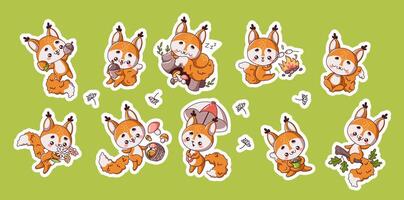 Squirrels enjoying life in various settings flat color images. Kawaii wild rodents illustrated in different entertaining scenes on green background vector