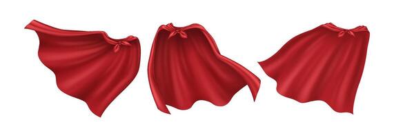A set of pictures showing superhero capes made of red cloth. These capes look very real and are shown in 3D on a see-through background. vector