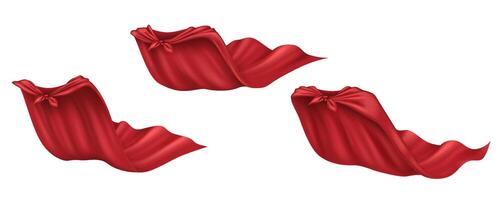 A set of superhero capes made from red fabric, shown in a way that looks real. These hero clothes look like 3D models and have a see-through background. vector