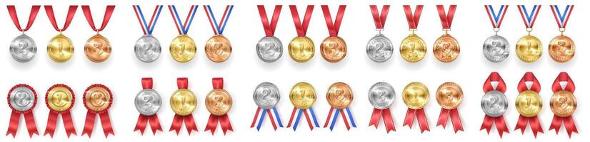 Shiny medals with ribbons for winners realistic illustration set. Rewards with finalists of sports contest 3d models on white background vector