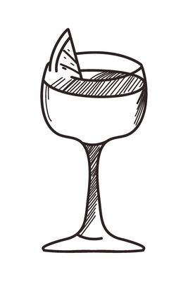 A hand drawn cocktail glass with a slice of lemon