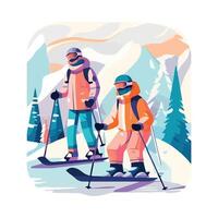 Two people on skis in the mountains vector