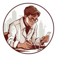 A man in glasses is working on a computer vector