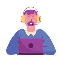 Call center operator with headset and laptop vector
