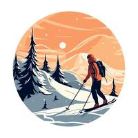 A man is skiing on a mountain at sunset vector