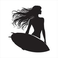 Back view of silhouette of unrecognizable female surfer standing on paddleboard and rowing against spectacular sun in sunset skystanding silhouette on a white background vector
