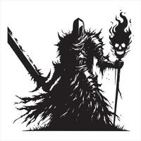 Black silhouette of a sinister knight without a head he will ride in plate armor and a ragged cloak, in his hands a huge sword and a fiery skull silhouette white background vector