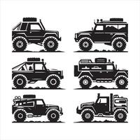 Off-road truck silhouette on white background. Vehicle icons set view from side, front, back, and top silhouette white background vector