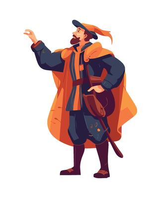 A man in a medieval costume is pointing to something