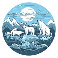 Polar bears in the ocean with mountains in the background vector