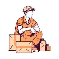 Delivery man sitting on the floor with boxes vector