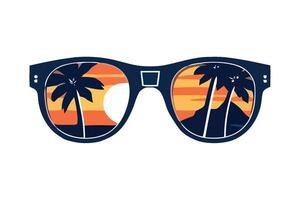 A pair of sunglasses with palm trees and a sunset vector