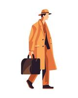 Man in trench coat and hat with suitcase illustration vector