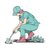 A woman in a hat and overalls is digging in the dirt vector