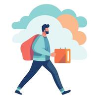 Man with suitcase and backpack walking in the clouds vector