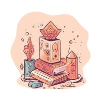 A stack of books and candles with a pyramid on top vector