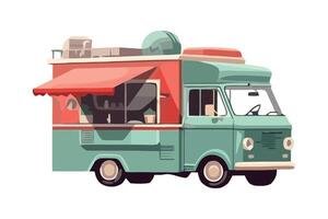 A food truck with a red awning and a green roof vector