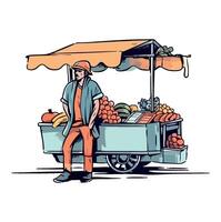 A man standing next to a fruit and vegetable cart vector