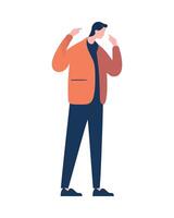 Man in orange jacket and pants standing with hands on head vector