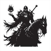 Black silhouette of a sinister knight without a head he will ride in plate armor and a ragged cloak, in his hands a huge sword and a fiery skull silhouette white background vector