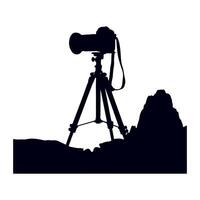 Professional photo camera with strap on tripod silhouette on white background vector