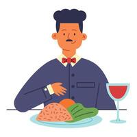 A man in a bow tie is sitting at a table with a plate of food vector