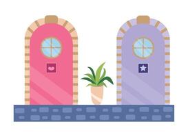 Two doors with windows and a plant in the middle vector