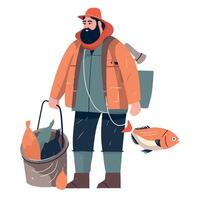 A man with a fishing rod and bucket of fish vector