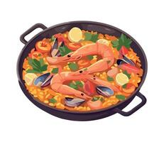 Paella with shrimp and mussels in a pan vector