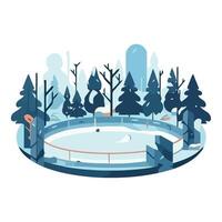 Ice rink in the forest with trees and buildings vector