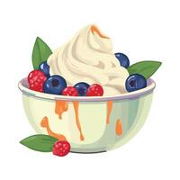 Yogurt with berries and cream in a bowl vector