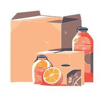 A box with oranges and a bottle of juice vector