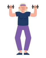 An elderly woman is doing a workout with dumbbells vector