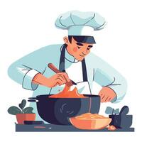 Chef cooking food in a pot on a stove vector