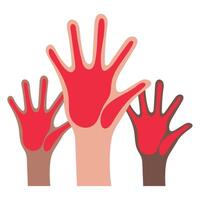 Hands raised up in the air with red paint on them vector
