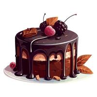 Chocolate cake with berries and chocolate on a plate vector