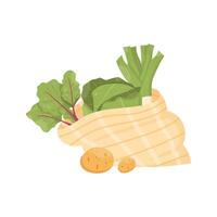 bag of vegetables. String bag with celery, cabbage, beetroot. Reusable bag with vegetables vector