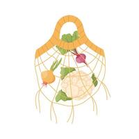 Knitted bag with vegetables. Healthy food. Beetroot, onion, cabbage vector